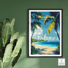 Bahamas Wall Art featuring a tropical beach scene surrounded by palm trees and lush greenery.