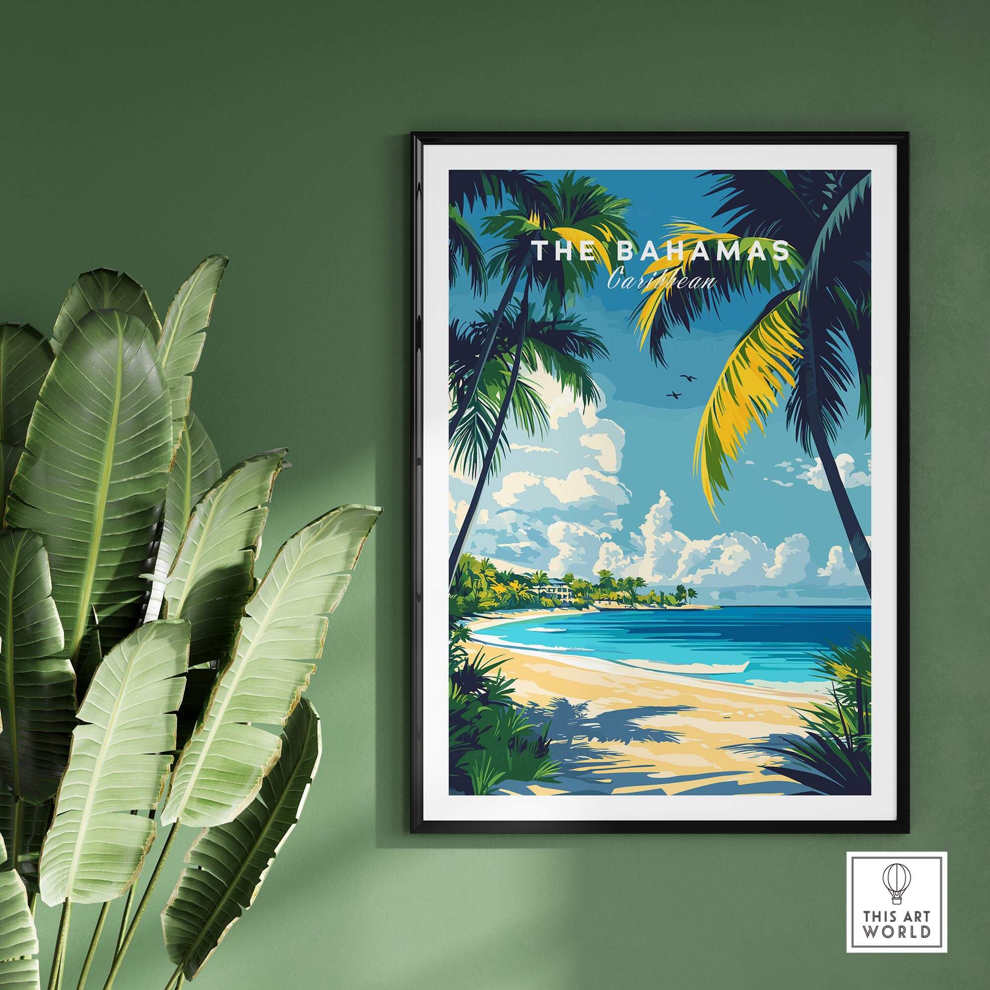 Bahamas Wall Art featuring a tropical beach scene surrounded by palm trees and lush greenery.