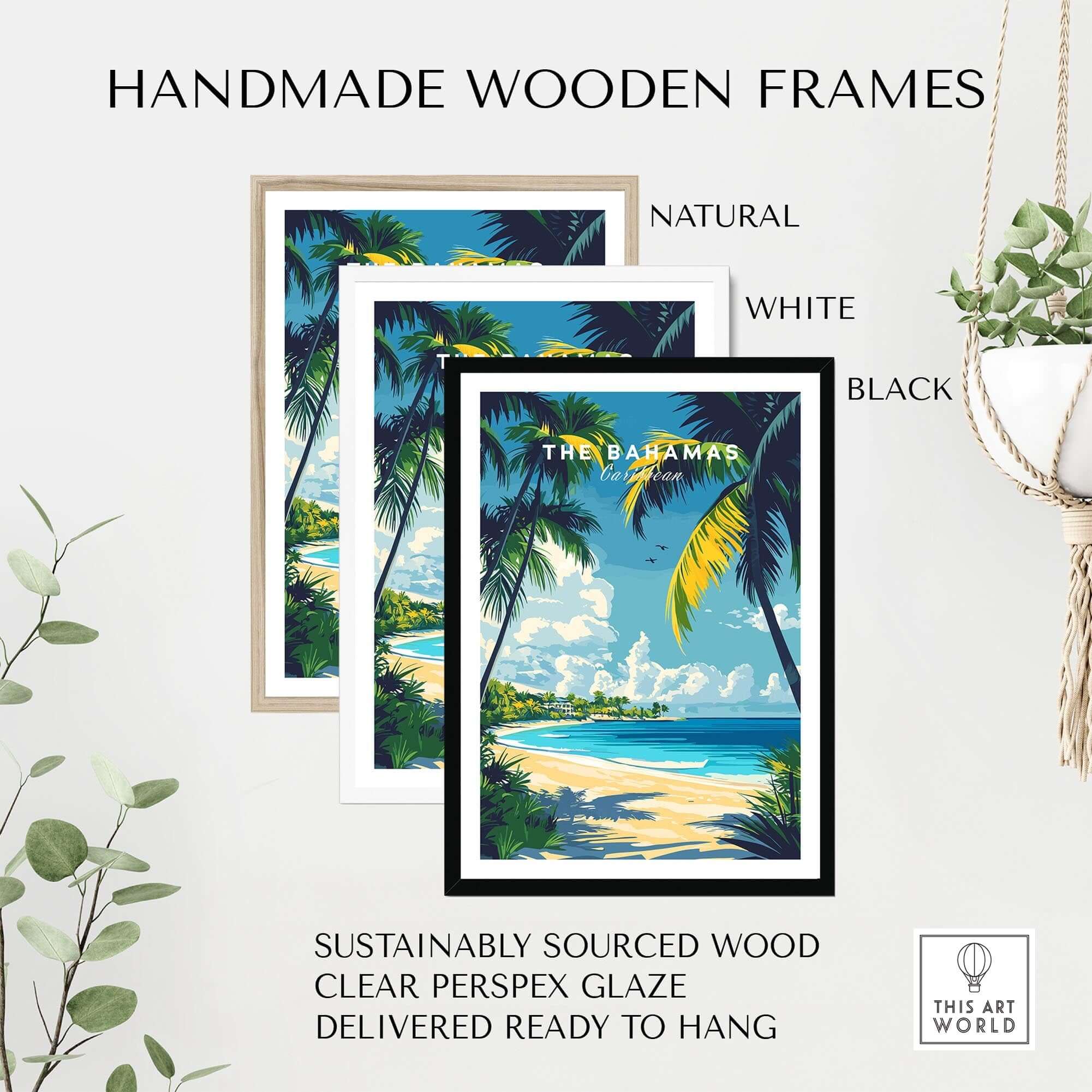 Bahamas Wall Art displayed in handmade wooden frames in natural, white, and black options.
