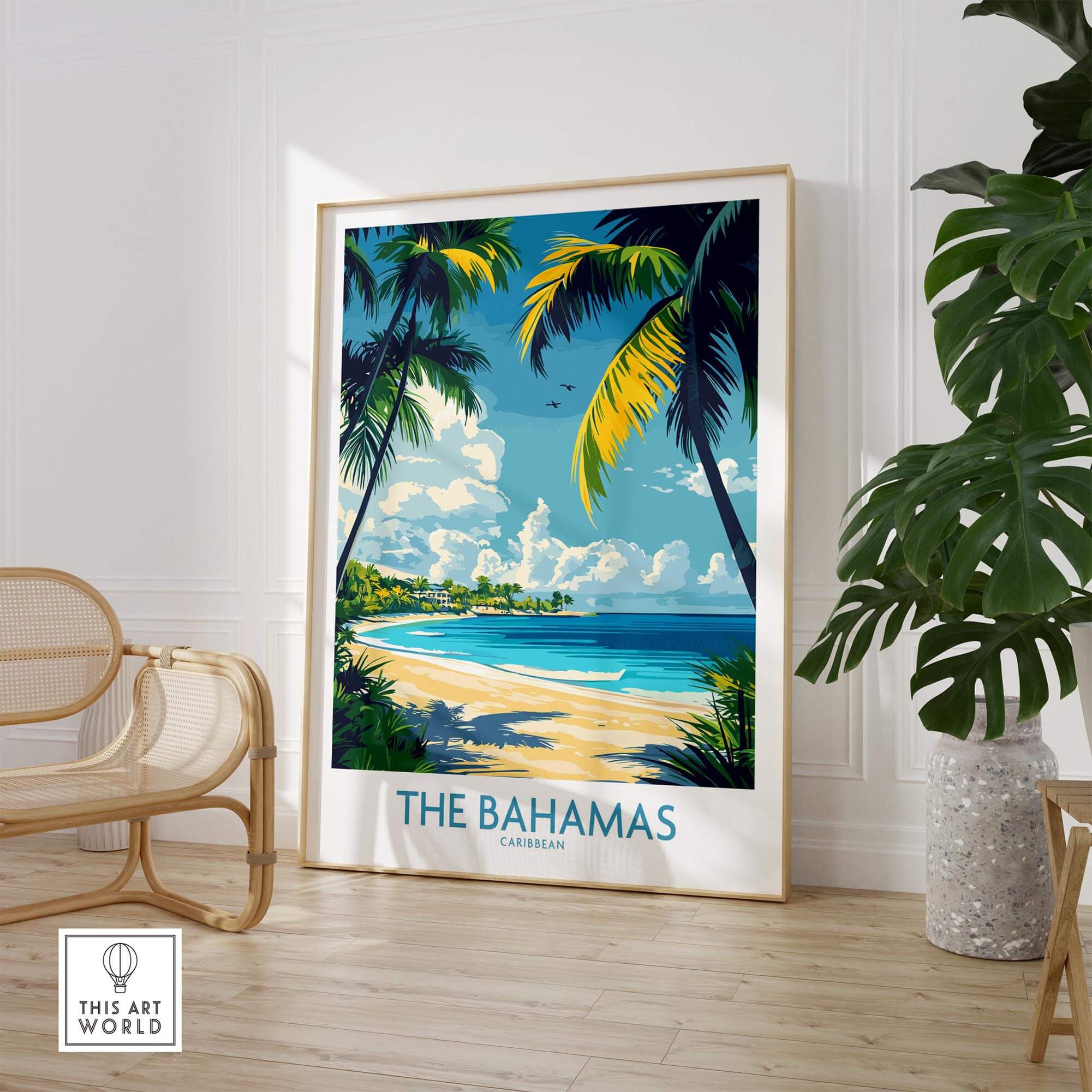 Bahamas Wall Art Print showcasing a tropical beach scene with palm trees and blue skies.