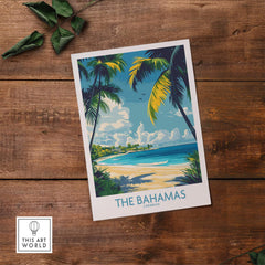 Bahamas Wall Art Print featuring a vibrant beach scene with palm trees and turquoise waters of The Bahamas.