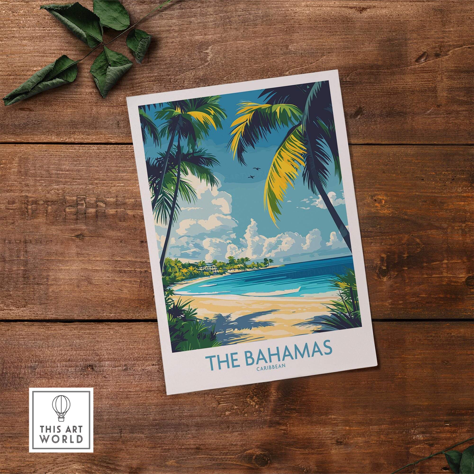 Bahamas Wall Art Print featuring a vibrant beach scene with palm trees and turquoise waters of The Bahamas.