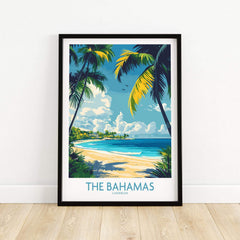 Bahamas Wall Art Print showcasing a tropical beach scene with palm trees and blue waters.