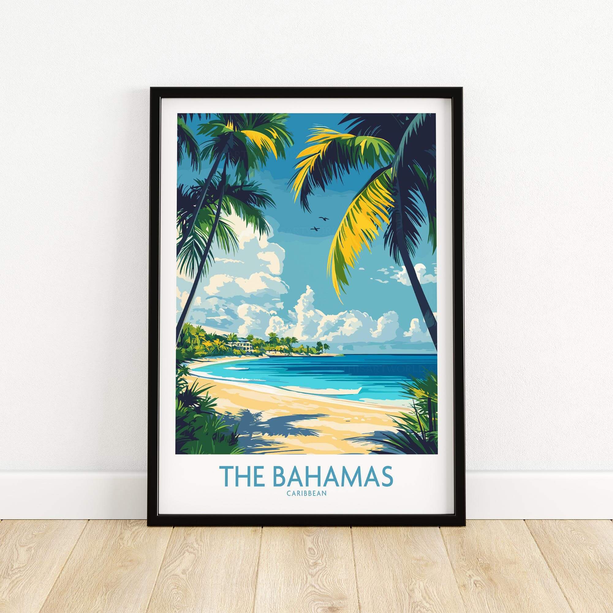 Bahamas Wall Art Print showcasing a tropical beach scene with palm trees and blue waters.