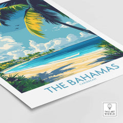 Bahamas Wall Art Print featuring a vibrant tropical beach scene with palm trees and crystal-clear water.