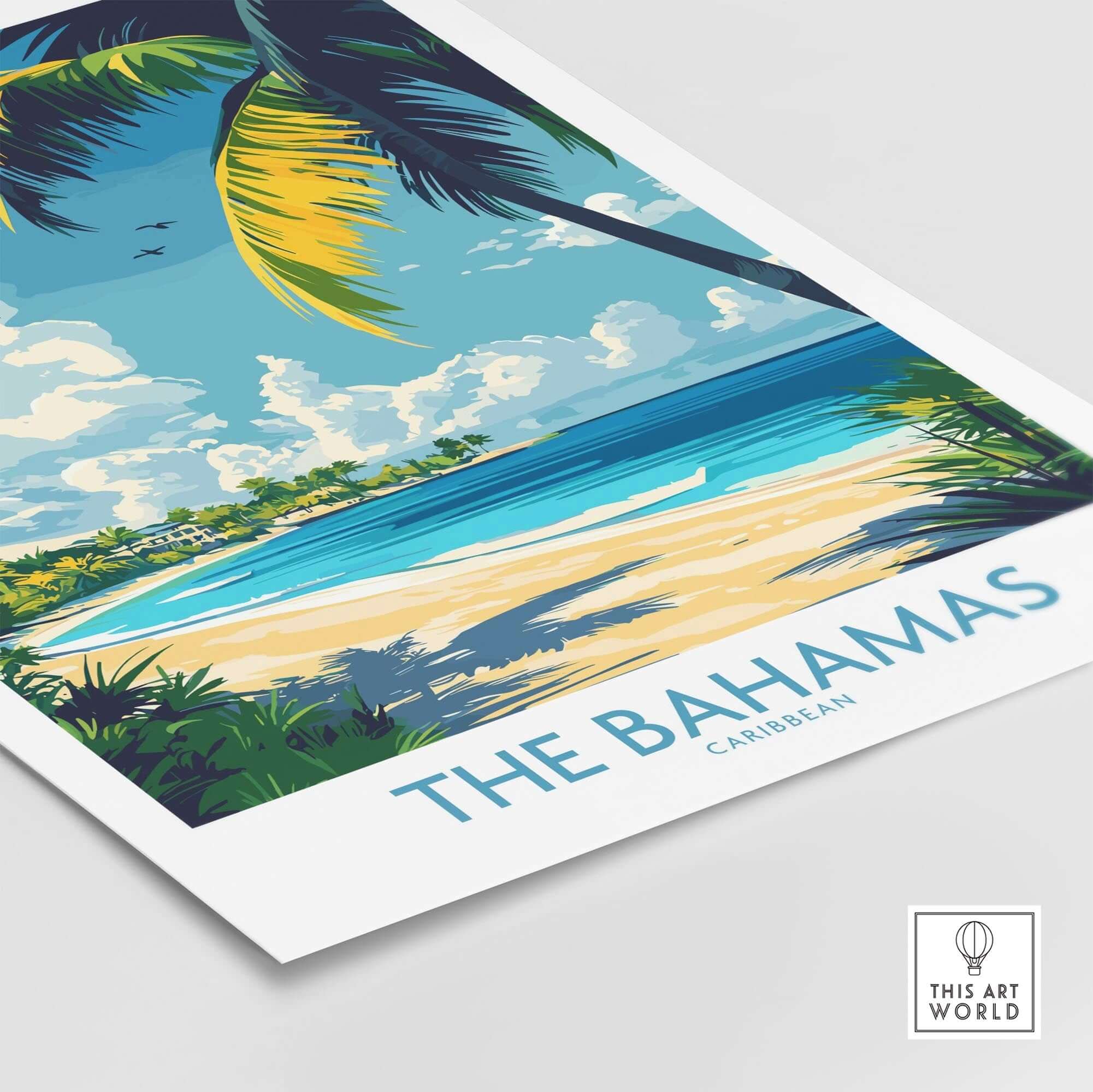 Bahamas Wall Art Print featuring a vibrant tropical beach scene with palm trees and crystal-clear water.