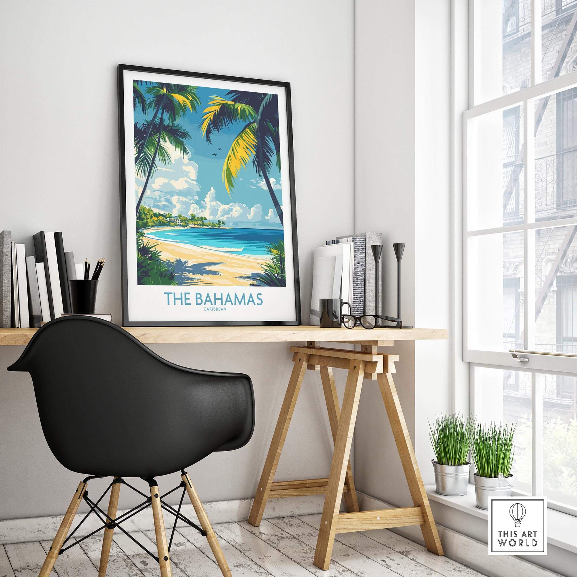 Bahamas Wall Art Print showcasing The Bahamas in a stylish home office setting.
