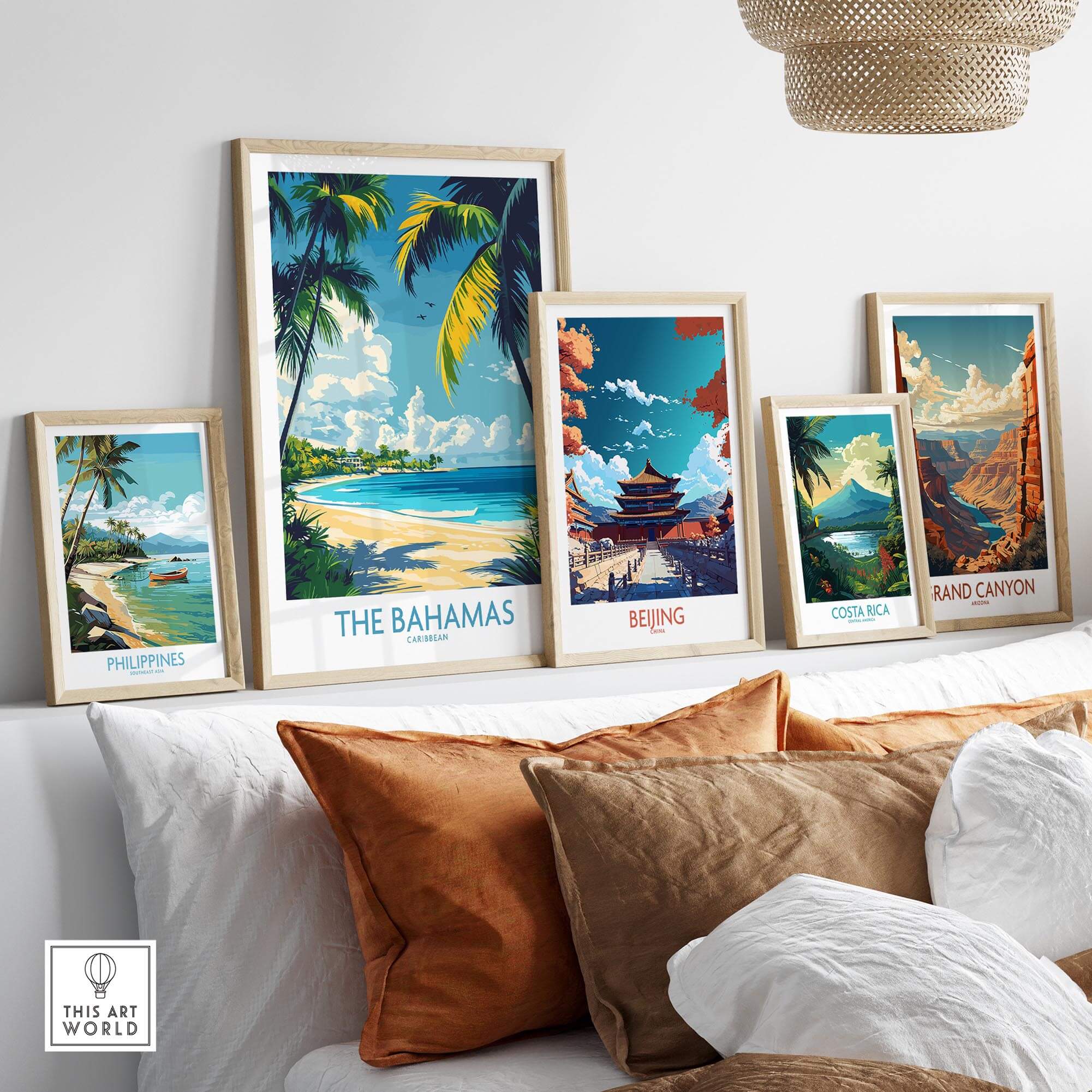 Bahamas Wall Art Print displayed among other travel posters in a stylish home decor setting.