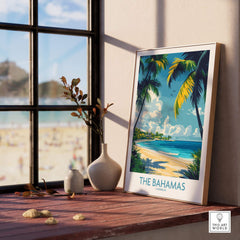 Bahamas Wall Art Print showcasing vibrant beach scenery and palm trees, ideal for adding a tropical touch to any space.