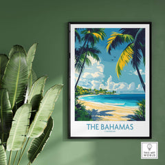 Bahamas Wall Art Print featuring a vibrant beach scene with palm trees and clear skies, perfect for home decor.