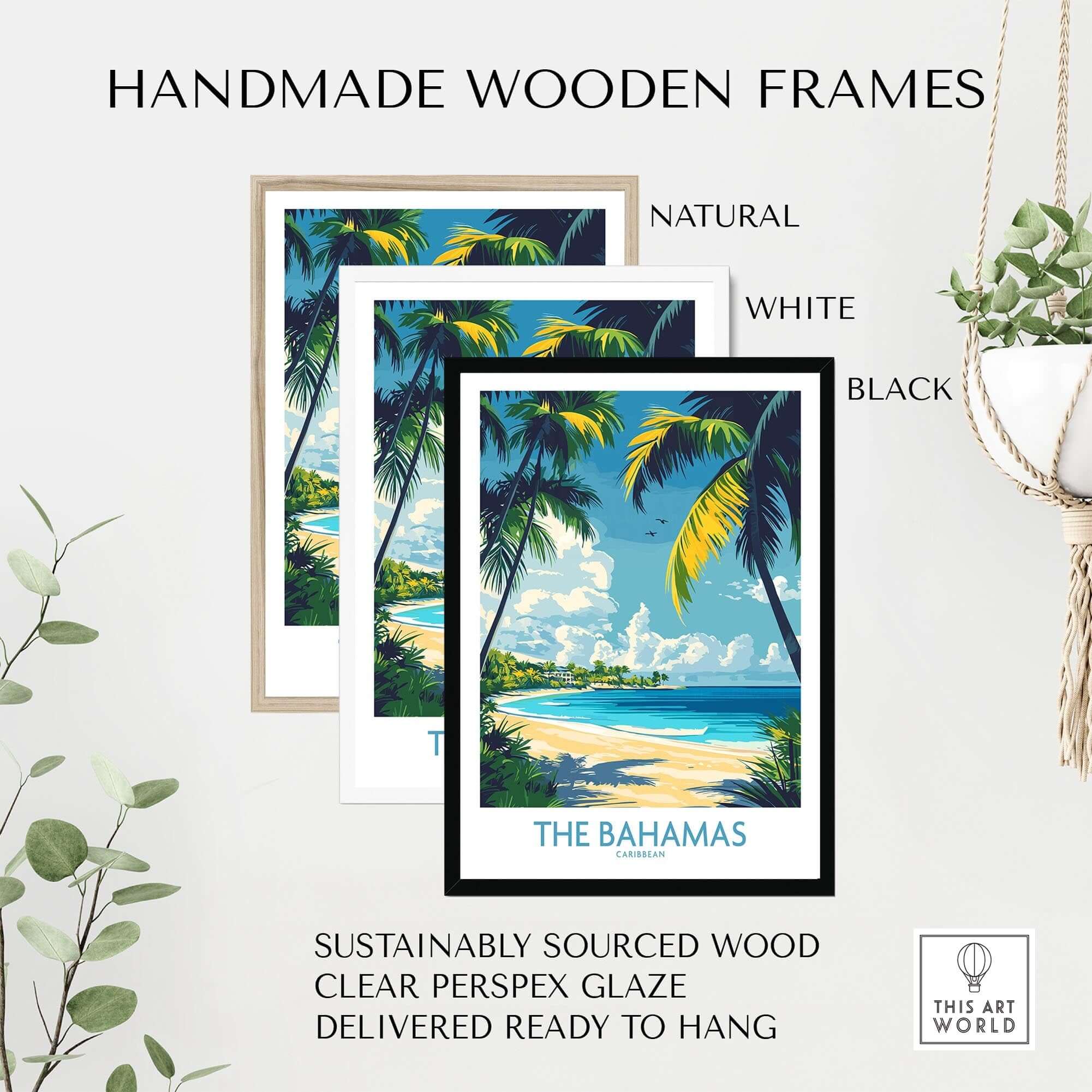 Handmade wooden frames in natural, white, and black showcasing the Bahamas Wall Art Print, sustainably sourced wood, ready to hang.