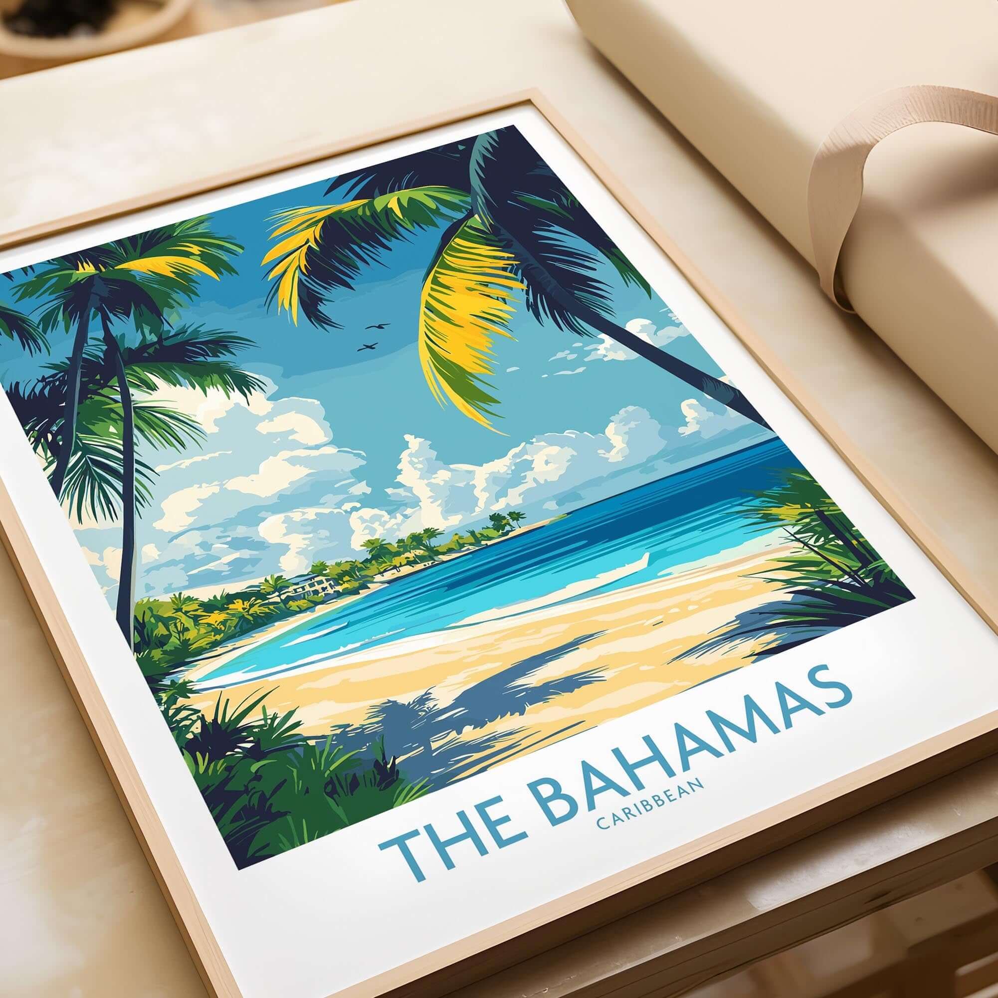 Bahamas Wall Art Print featuring a vibrant design of a tropical beach landscape in The Bahamas.