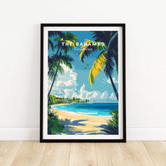 Bahamas Wall Art featuring a tropical beach scene with palm trees and clear blue skies.