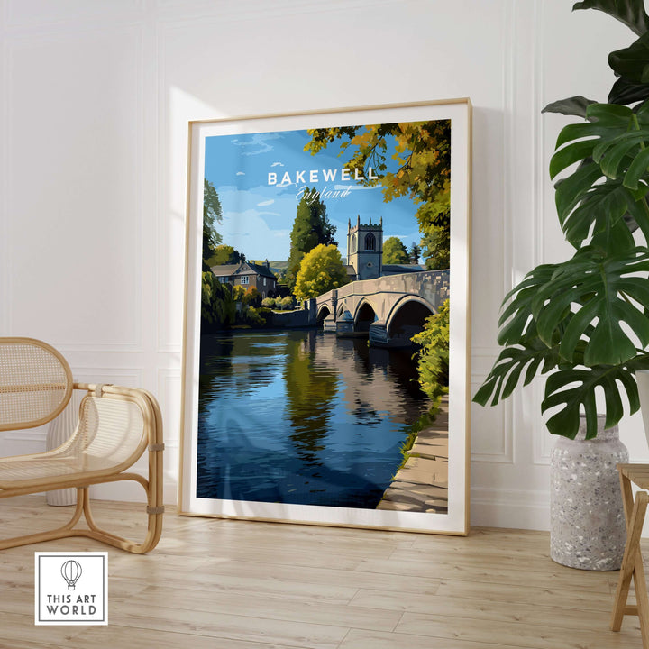 Bakewell print showcasing a bridge and river in the English countryside, perfect for home decor.