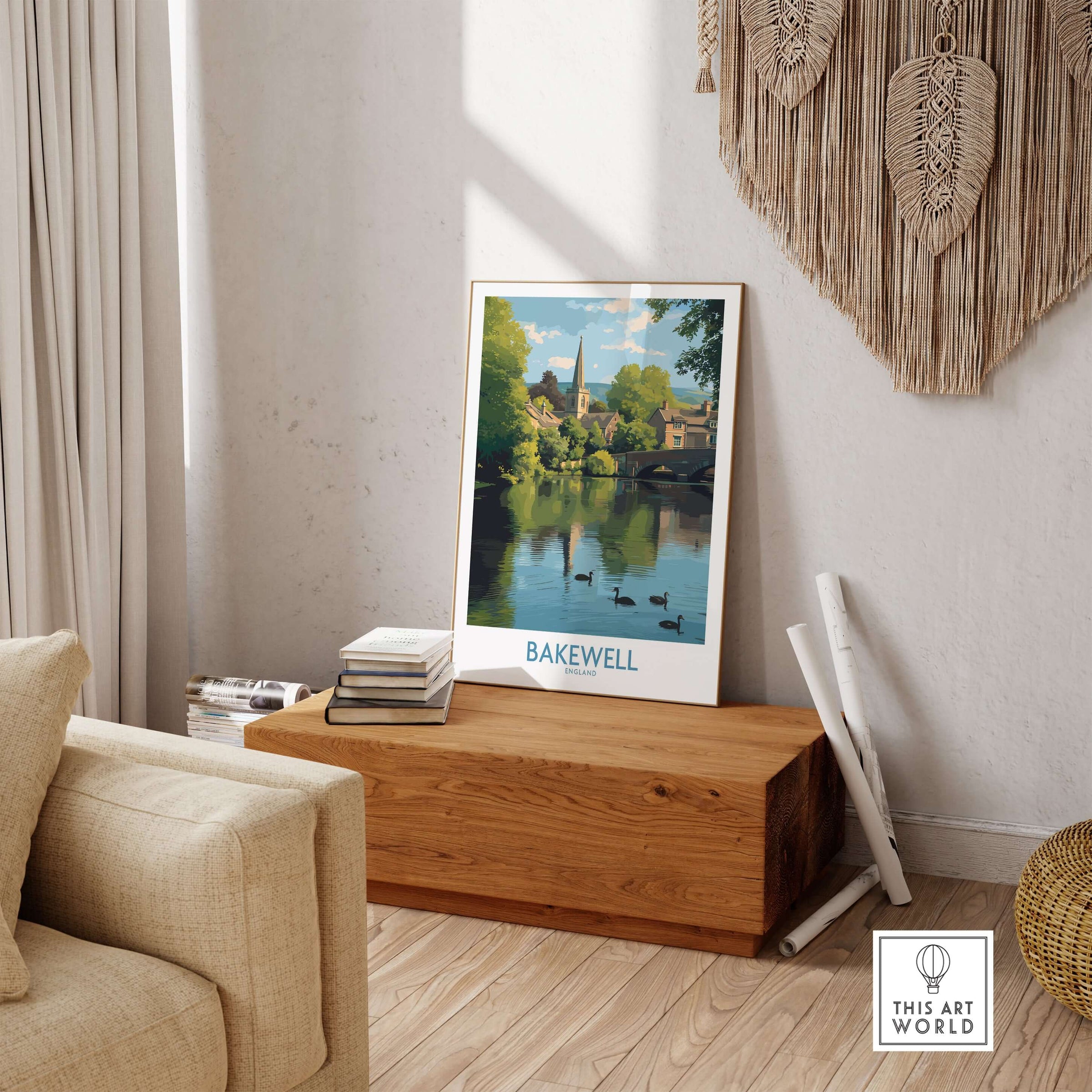 Bakewell Poster - River Wye - Derbyshire Peak District Print - English Village Travel Art - A4 A3 A2 in a cozy living room setting.