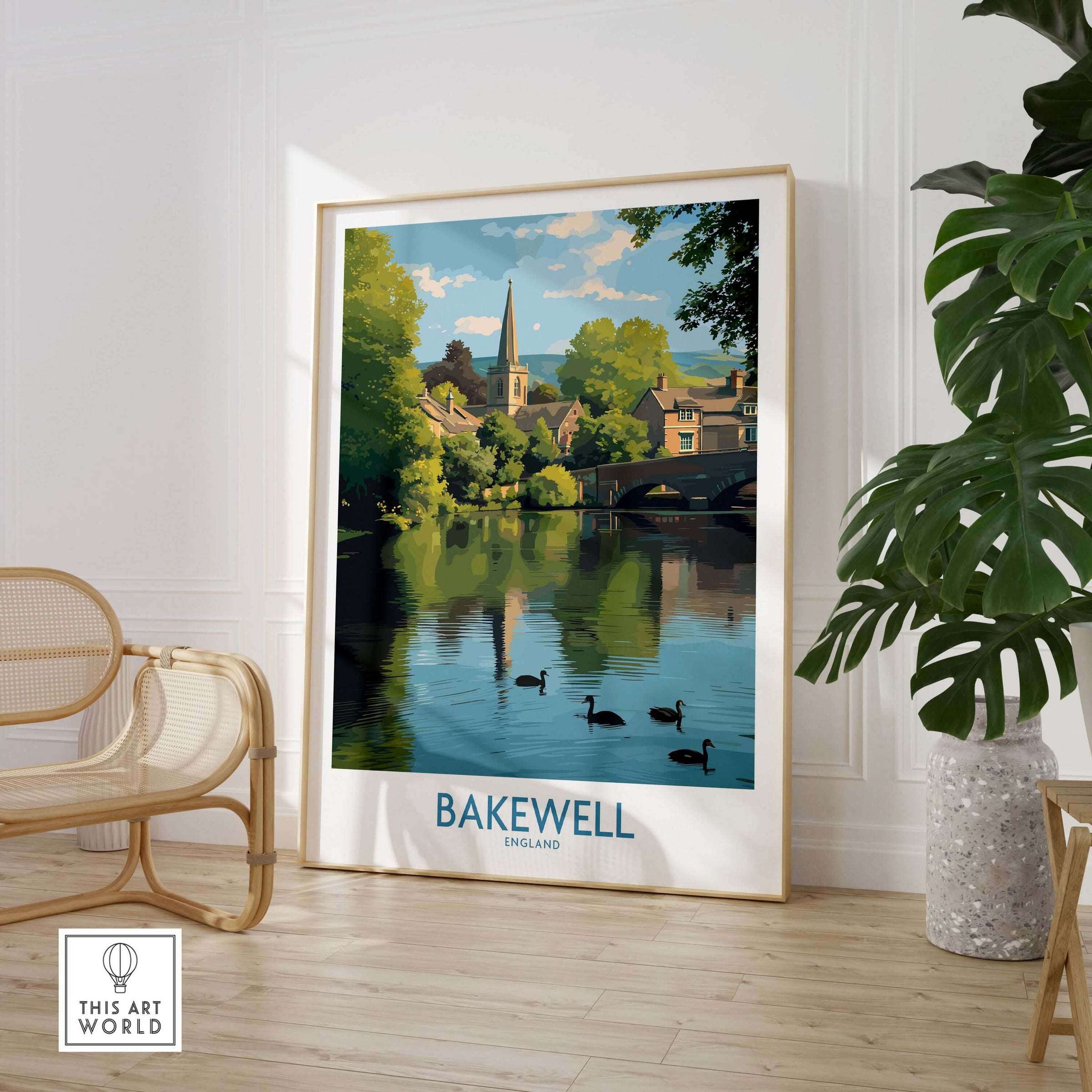 Bakewell Poster - River Wye - Derbyshire Peak District Print - English Village Travel Art - A4 A3 A2 in a stylish interior setting.