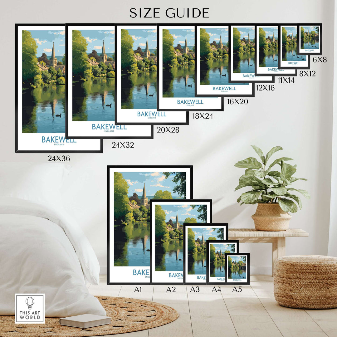 Size guide for Bakewell poster prints featuring River Wye, showcasing various dimensions from A5 to 24x36.