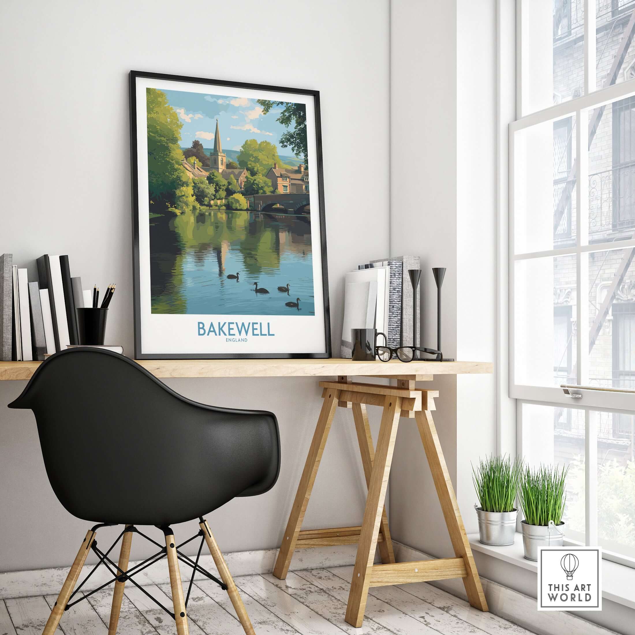 Bakewell Poster - River Wye - Derbyshire Peak District Print - English Village Travel Art - A4 A3 A2 in a stylish home office setting.