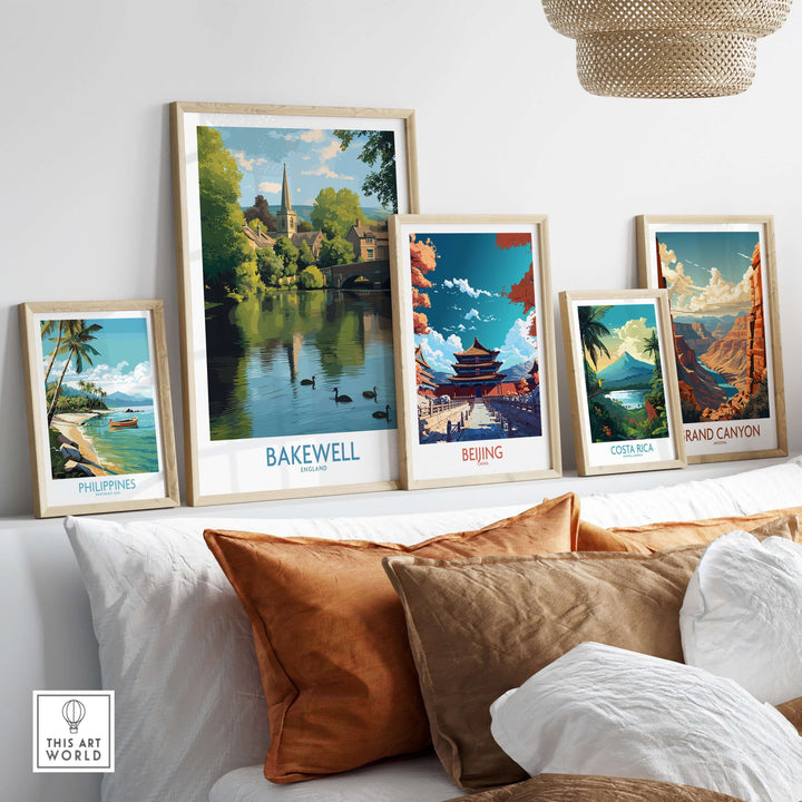Framed travel art prints featuring Bakewell, Beijing, Costa Rica, and the Grand Canyon in a stylish decor setting.