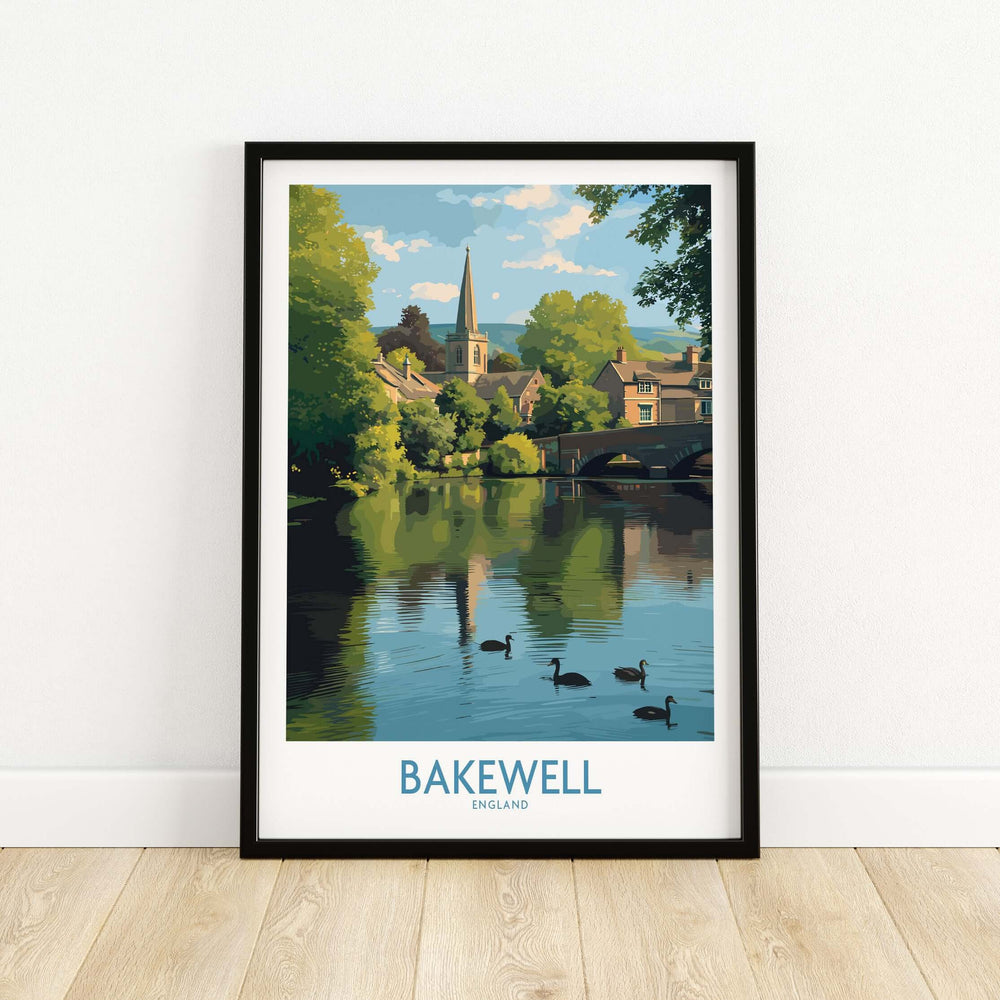 Bakewell poster showcasing River Wye and English village scenery in Derbyshire, framed wall art for home decor.