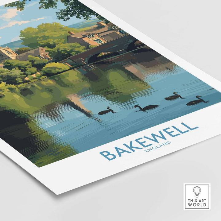 Bakewell poster featuring River Wye view, showcasing tranquil landscapes in Derbyshire, England.
