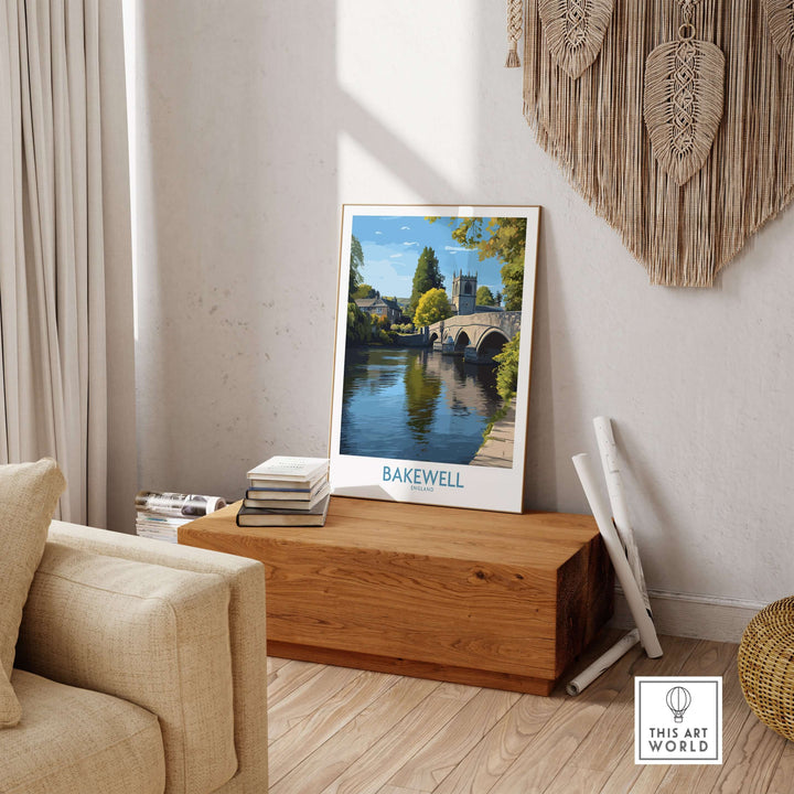 Bakewell village poster featuring River Wye wall art, displayed in a cozy interior setting.