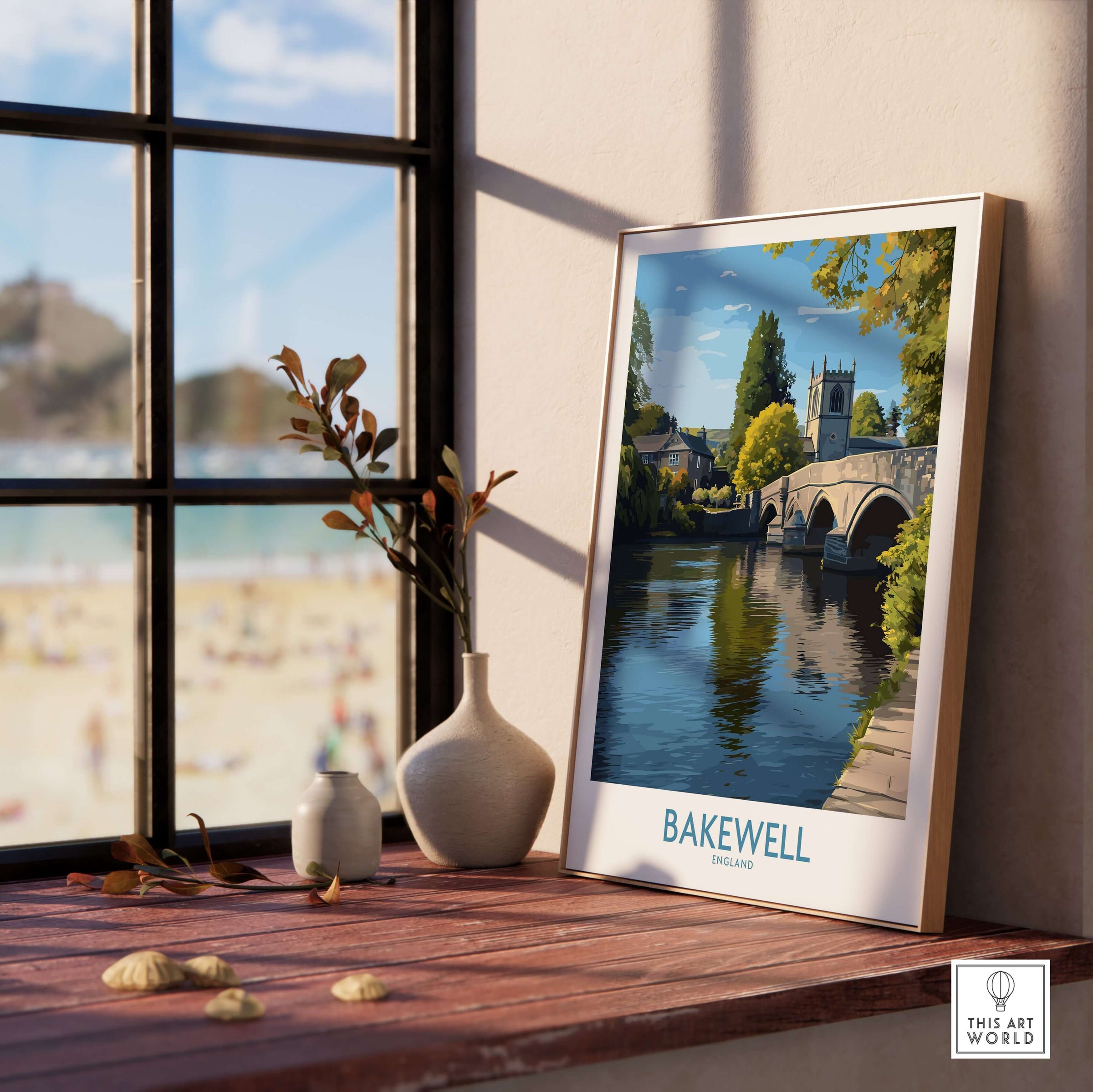 Bakewell Poster - River Wye Wall Art - Derbyshire Village Print - UK Travel Decor displayed in a serene setting.