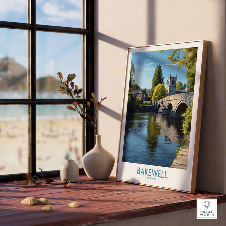 Bakewell poster featuring River Wye wall art, set in a cozy indoor space with a scenic view.