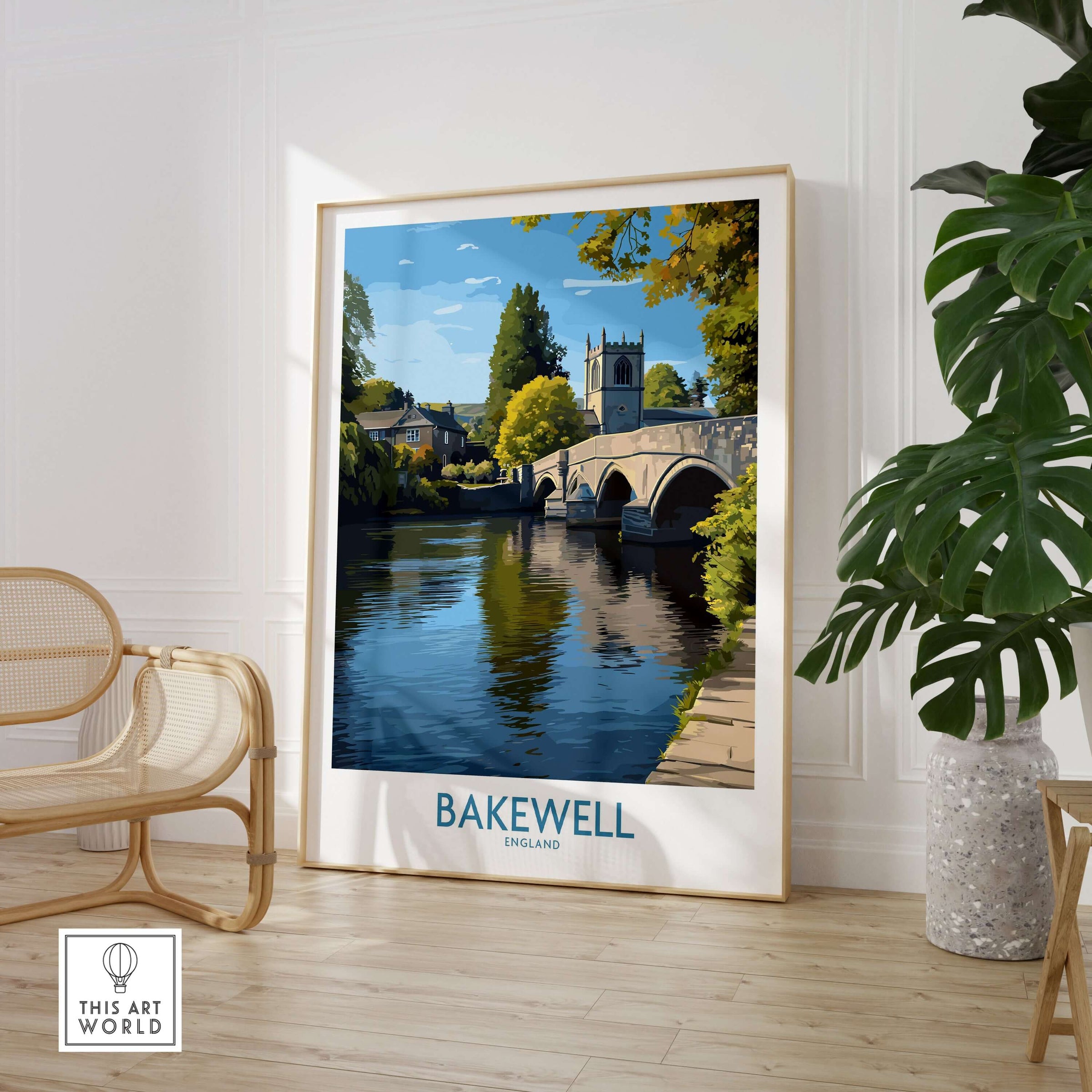 Bakewell Poster - River Wye Wall Art - Derbyshire Village Print - UK Travel Decor displayed in a modern home setting.