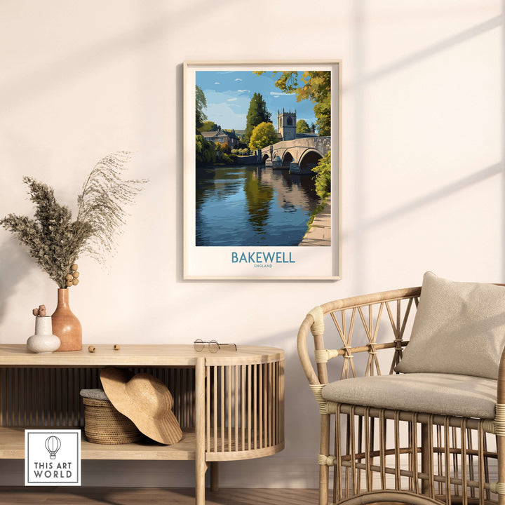 Bakewell poster featuring River Wye landscape, framed art in modern decor setting, ideal for UK travel enthusiasts.