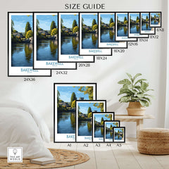 Bakewell Poster - River Wye Wall Art - Derbyshire Village Print - UK Travel Decor size guide with various print dimensions.