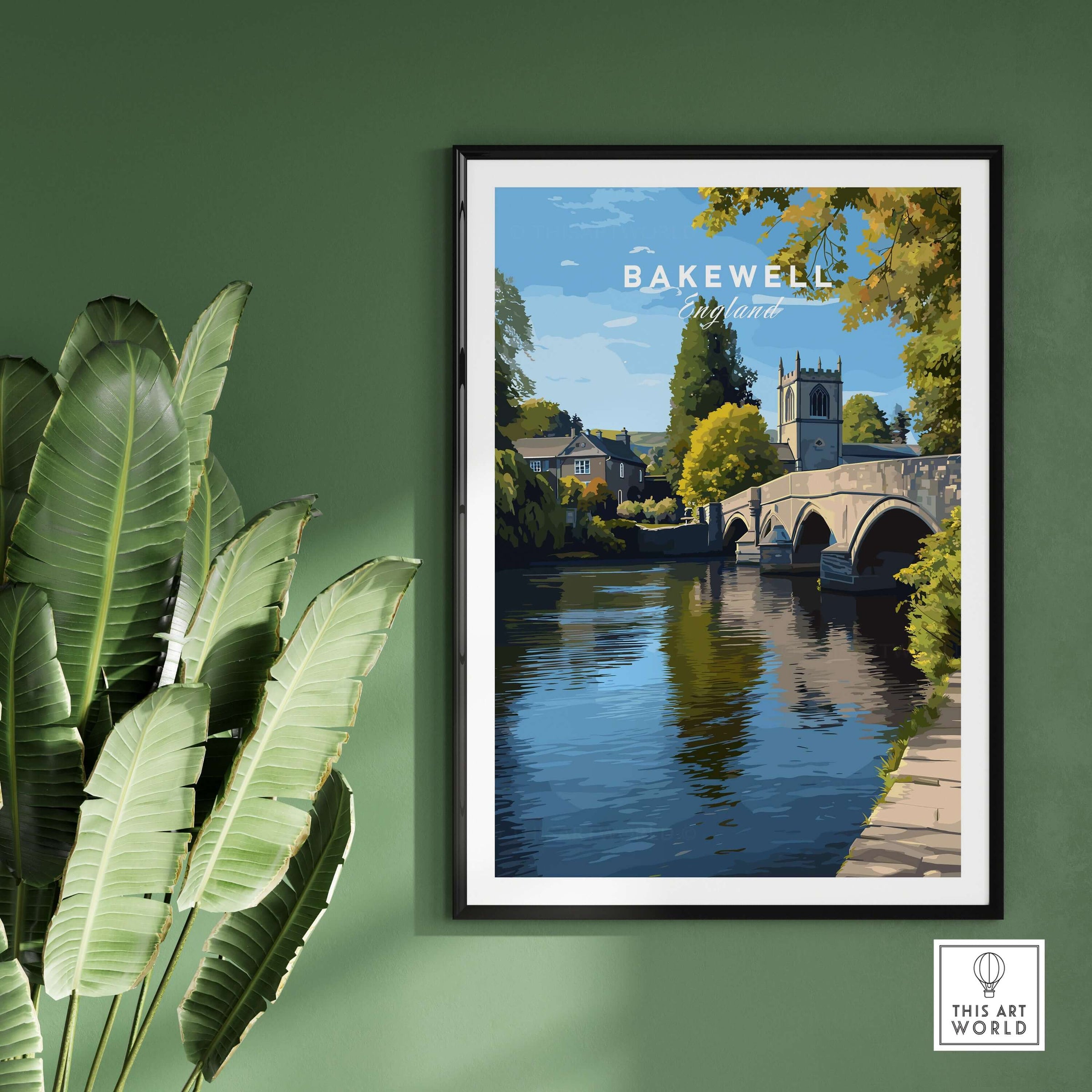 Bakewell Print - All Saints Church Art - English Countryside Poster - Peak District framed on a green wall.