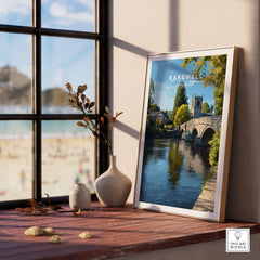 Bakewell Print - All Saints Church Art - English Countryside Poster - Peak District displayed by a window.