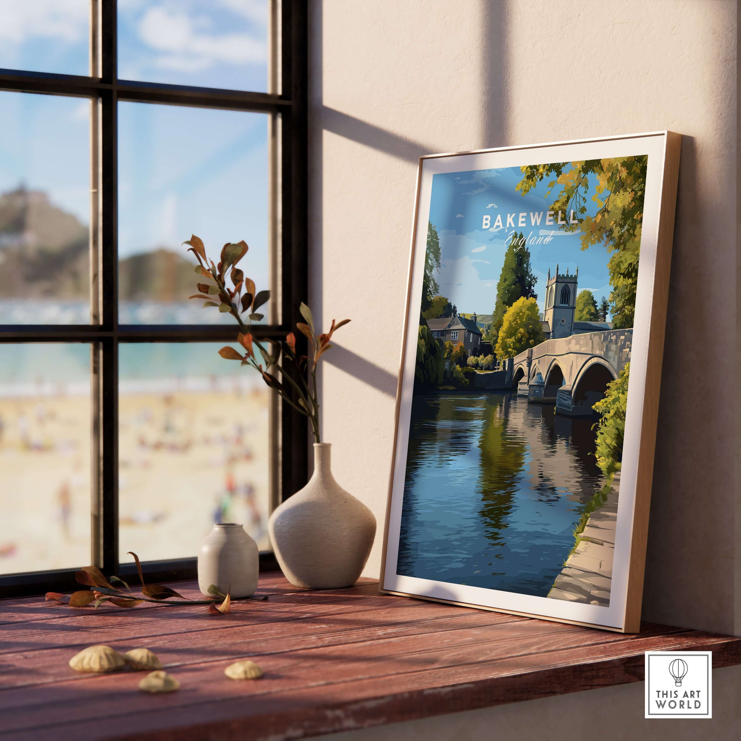 Bakewell Print - All Saints Church Art - English Countryside Poster - Peak District displayed by a window.