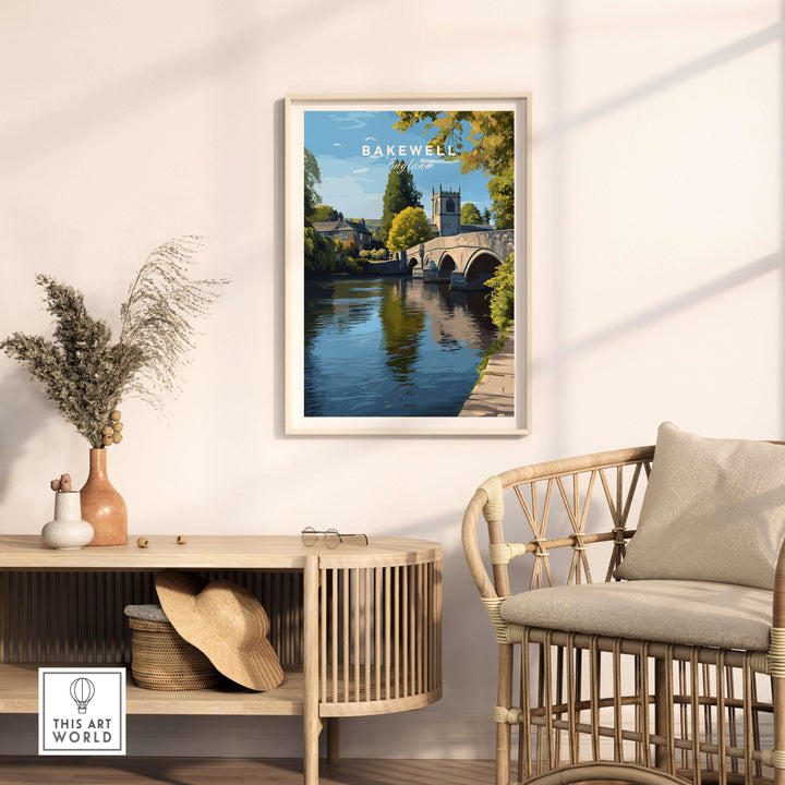 Bakewell print of All Saints Church in the Peak District, showcasing tranquil riverside beauty and English countryside charm.