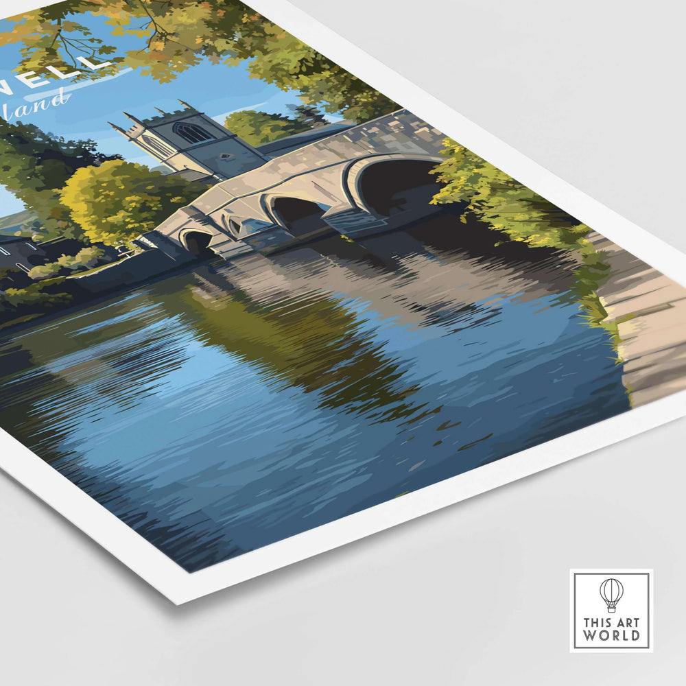 Bakewell Print featuring All Saints Church over a serene river in the English countryside, perfect for decor.