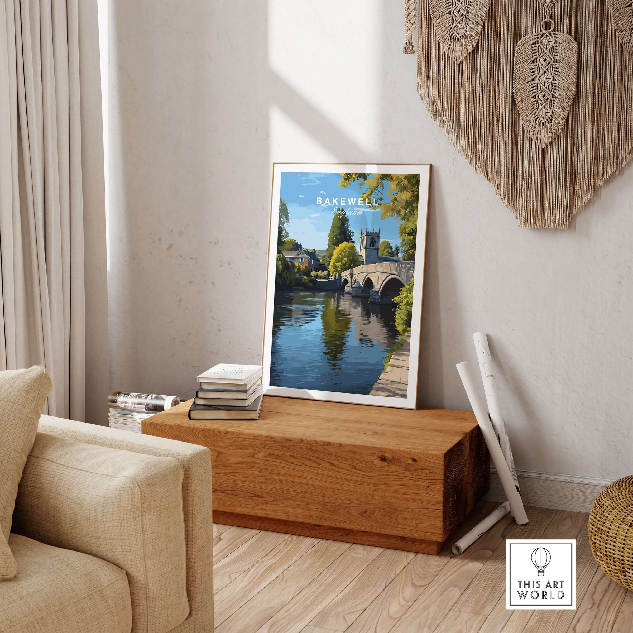 Bakewell Print - All Saints Church Art - English Countryside Poster - Peak District displayed in a cozy living room setting.