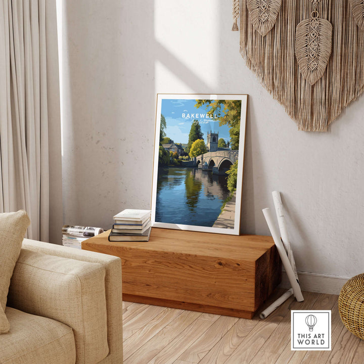 Bakewell Print featuring a serene riverside view of Bakewell with historic architecture in a cozy living space.