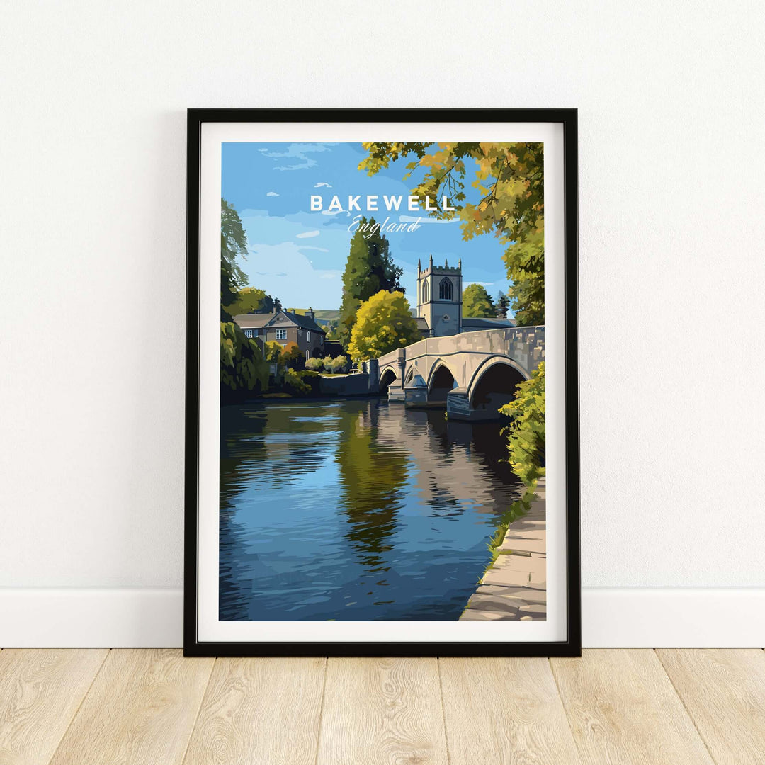 Bakewell print featuring a bridge and All Saints Church, capturing the beauty of the English countryside in the Peak District.