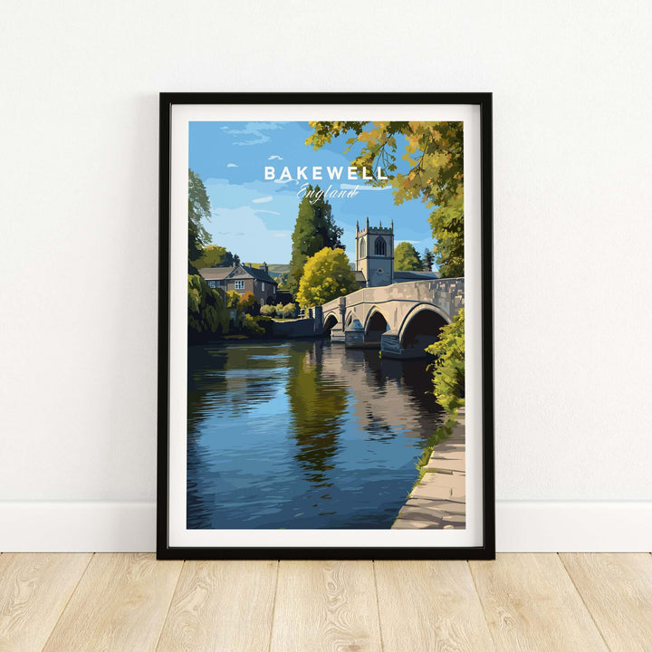Bakewell print featuring a bridge and All Saints Church, capturing the beauty of the English countryside in the Peak District.