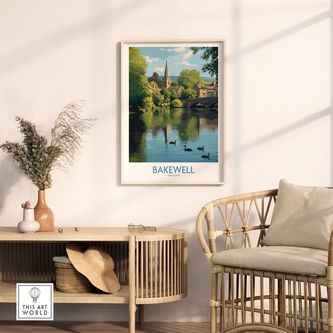 Bakewell poster featuring the River Wye, framed art in a serene living room setting.