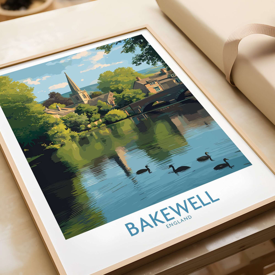 Bakewell poster print featuring the River Wye and English village scenery in Derbyshire, available in A4, A3, A2 sizes.