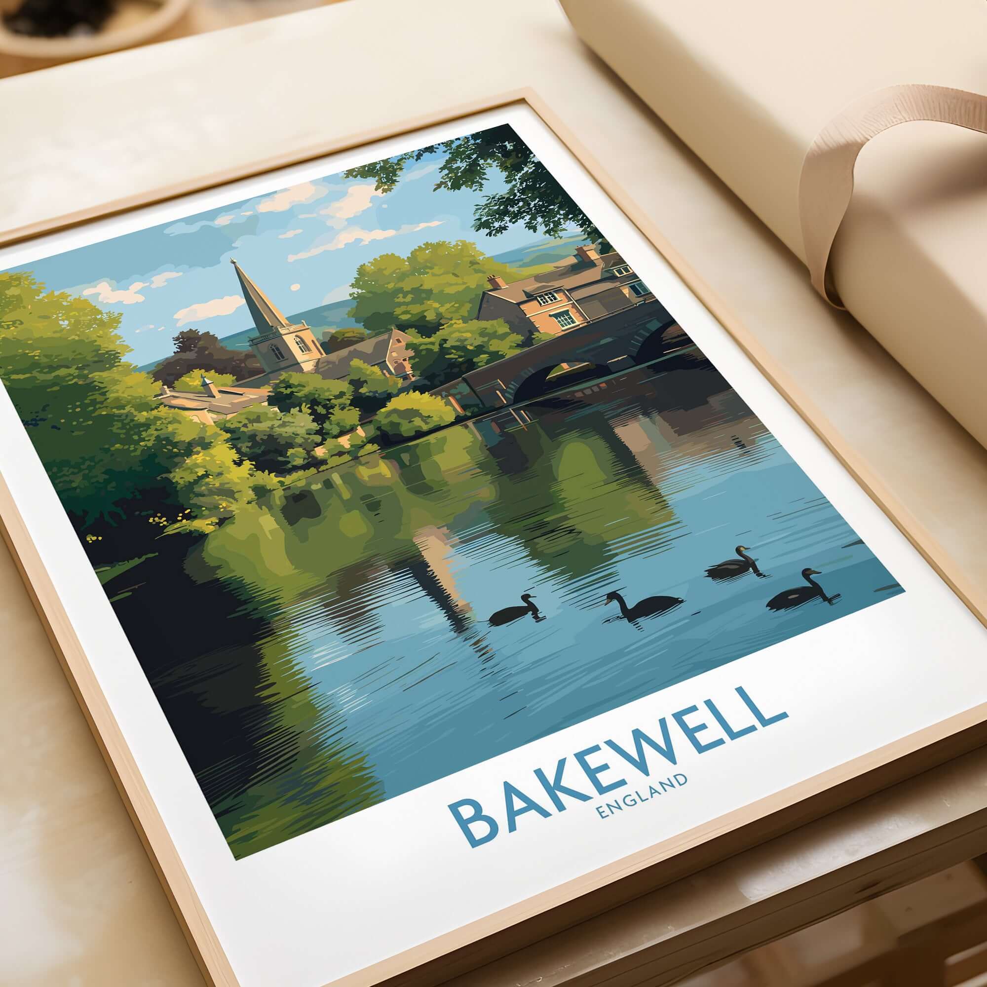 Bakewell Poster - River Wye - Derbyshire Peak District Print - English Village Travel Art - A4 A3 A2