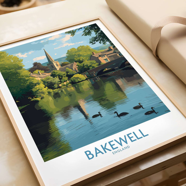 Bakewell poster print featuring the River Wye and English village scenery in Derbyshire, available in A4, A3, A2 sizes.