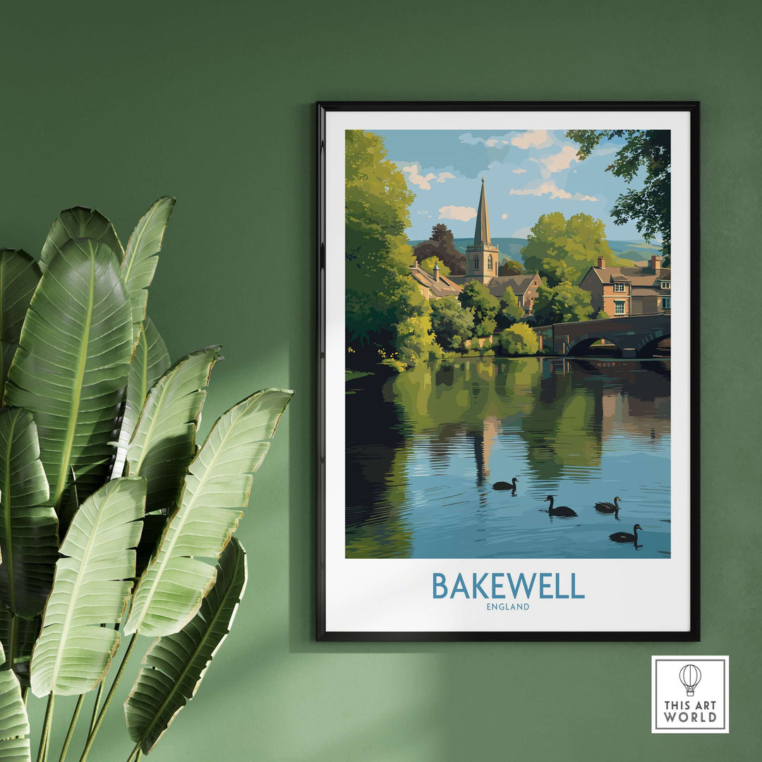 Bakewell poster showcasing River Wye with reflections, framed art for English village decor, ideal for travel enthusiasts.