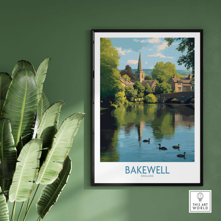 Bakewell poster showcasing River Wye with reflections, framed art for English village decor, ideal for travel enthusiasts.
