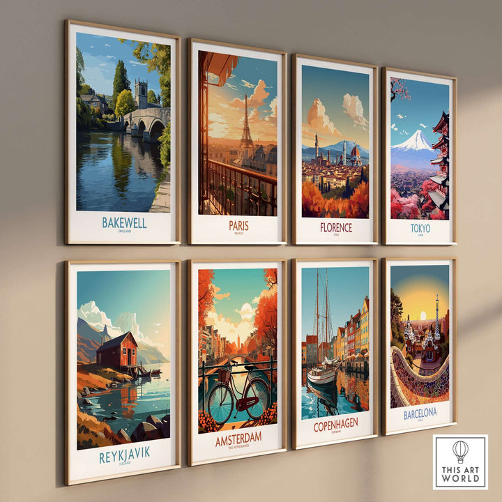 Colorful wall art collage featuring travel posters of Bakewell, Paris, Florence, Tokyo, Reykjavik, Amsterdam, Copenhagen, and Barcelona.