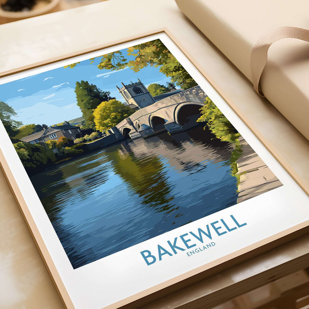 Bakewell poster featuring the River Wye, showcasing the serene village landscape of Derbyshire, England.