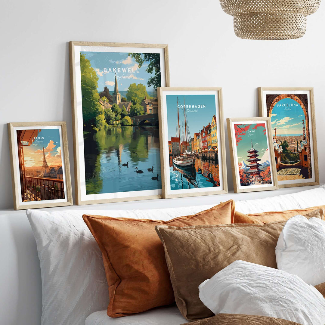 Bakewell wall art featuring River Wye print and other city prints in stylish frames, enhancing cozy home decor.