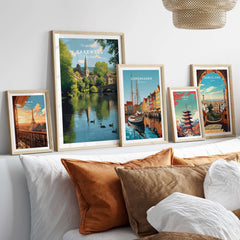 Bakewell Wall Art - River Wye Print - Charming English Village Decor displayed in stylish frames on a modern wall.